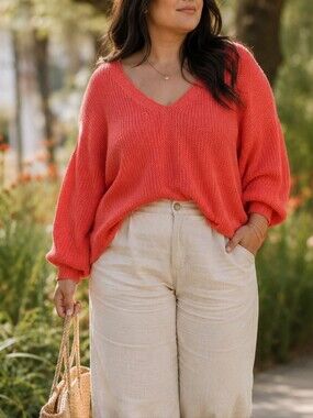 Gentle Fawn Bright Coral V-Neck Knit Pullover Sweater Puff Sleeve Cozy Chic Boho